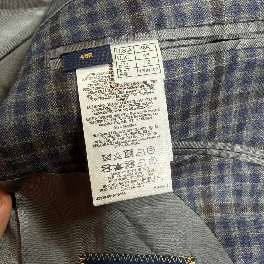 Brooks Brothers Blazer Mens 46R Blue Check Reda Italian Wool Slim Unstructered